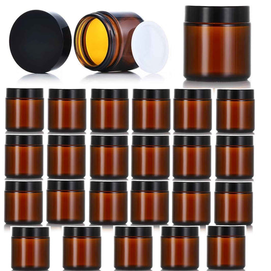 Zentriqlla 24 Pack 4oz Amber Glass Jars, Round Empty Cosmetic Jars with with Black Lids and Inner Liners, Reusable Glass Travel Containers for Homemade Creams, Candle, Skincare, Lotion