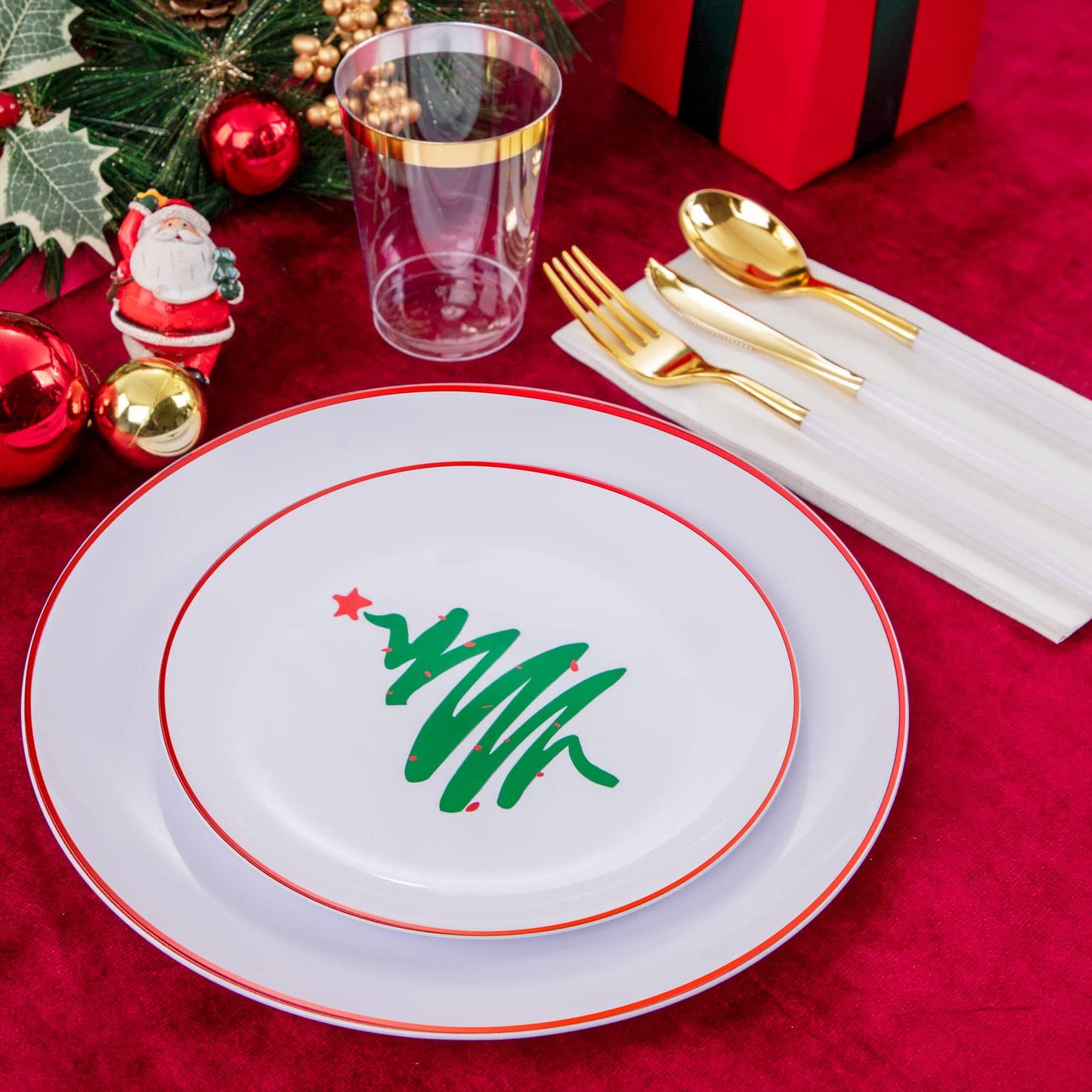 Supernal 180pcs Christmas Dinnerware set,Christmas Tree Plates,Christmas Plastic Plates with Red Rim,Gold Plastic Cutlery with White Handle,Gold Rim Cups,Christmas Party Decoration