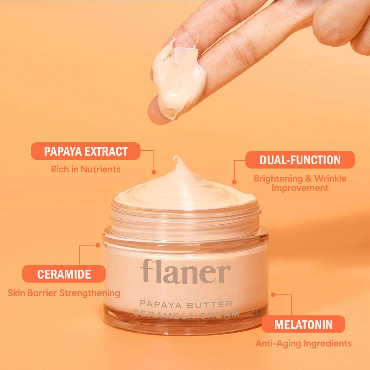 flaner Papaya Ceramela Moisturizer Cream – Dual-Function Wrinkle Firming and Brightening Face Cream, Ceramide & Melatonin, Lightweight Ceramide Cream for Dry Skin, Korean Skincare, 1.69 fl. oz
