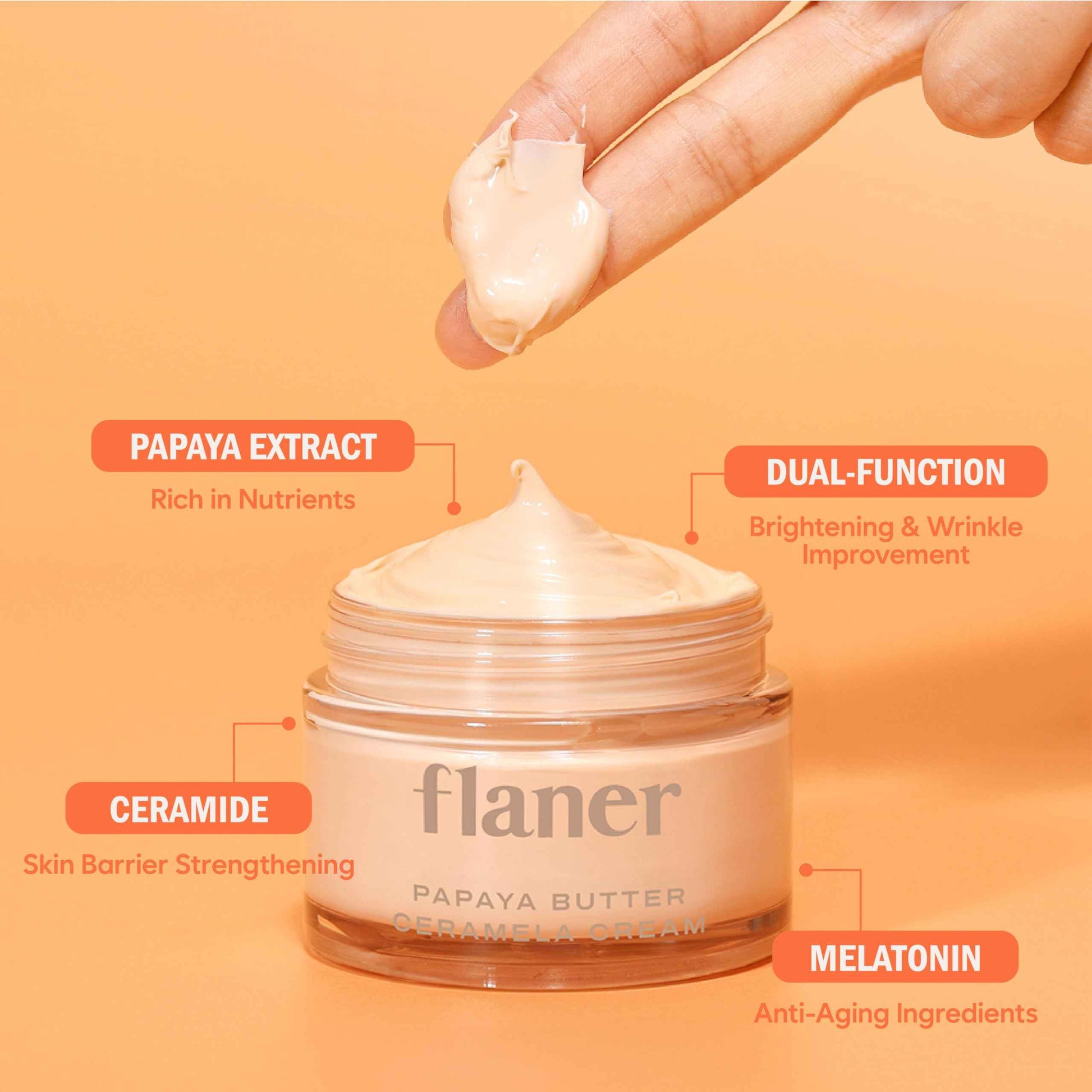 flaner Papaya Ceramela Moisturizer Cream – Dual-Function Wrinkle Firming and Brightening Face Cream, Ceramide & Melatonin, Lightweight Ceramide Cream for Dry Skin, Korean Skincare, 1.69 fl. oz