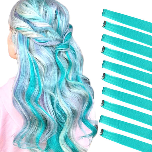 BHF Teal Blue Hair Extensions Clip in Halloween - Hair Accessories for Kids Girls Fairy Hairpieces Long Straight Color Hair Extensions 22" 10pcs