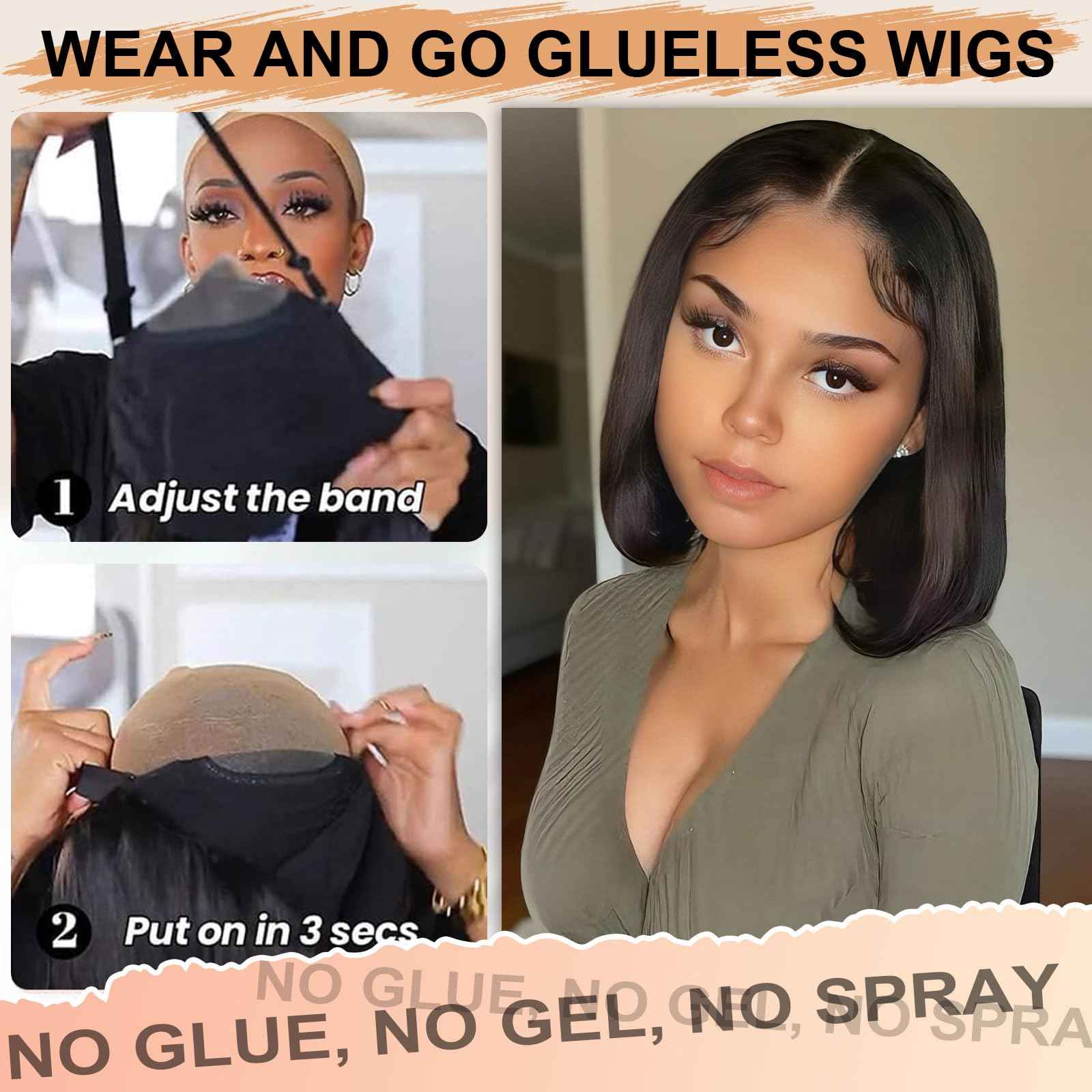 CAREKISS Bob Glueless Wigs Human Hair Pre Plucked Pre Cut 150 Density Wear and Go Glueless Wig 4x4 HD Straight Lace Closure Bob Wigs for Black Women 14inch