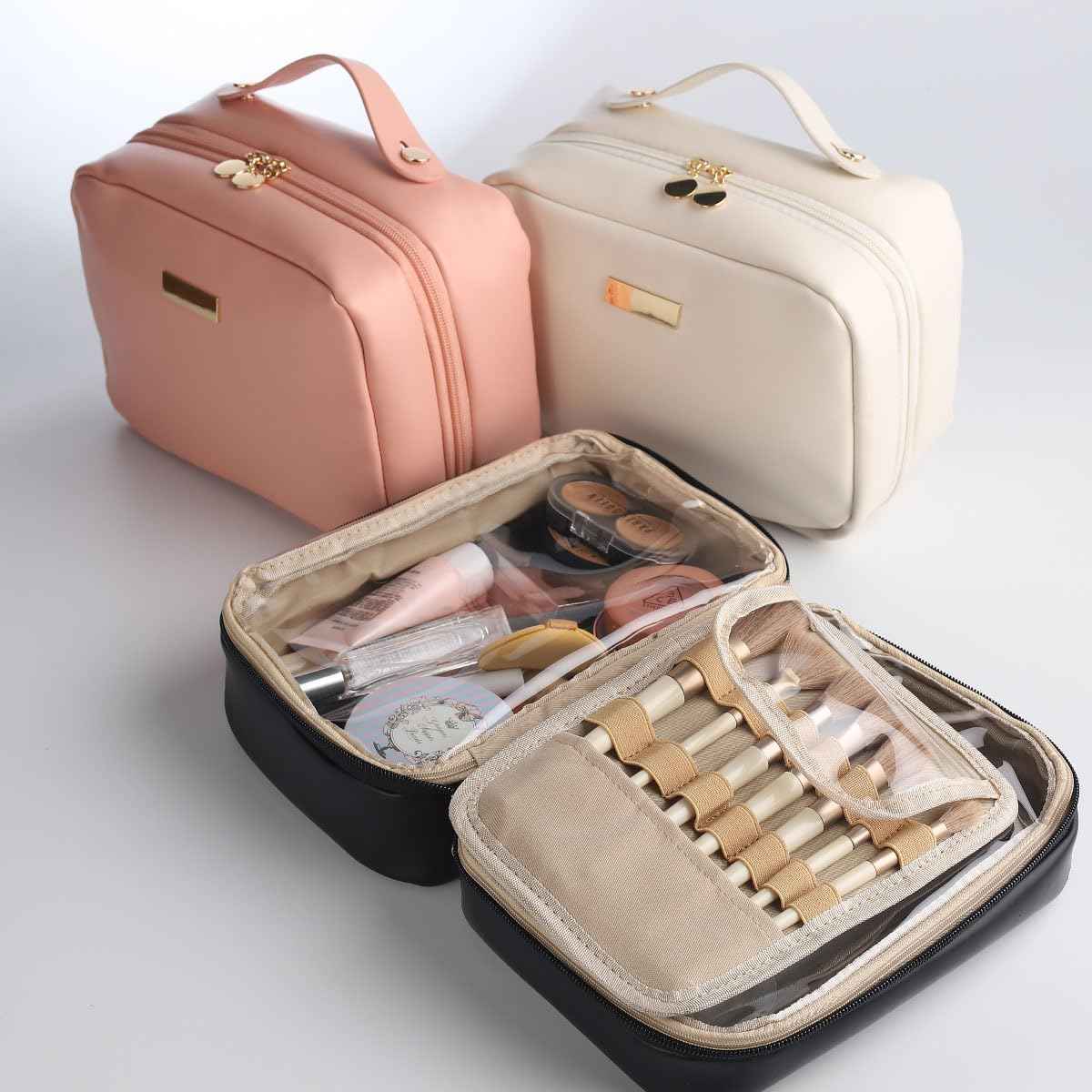 OLBUPS Portable Large Capacity Cosmetic Bag, Skincare Products, Makeup Brush Storage Bag, Double Layer Makeup Bag (White)