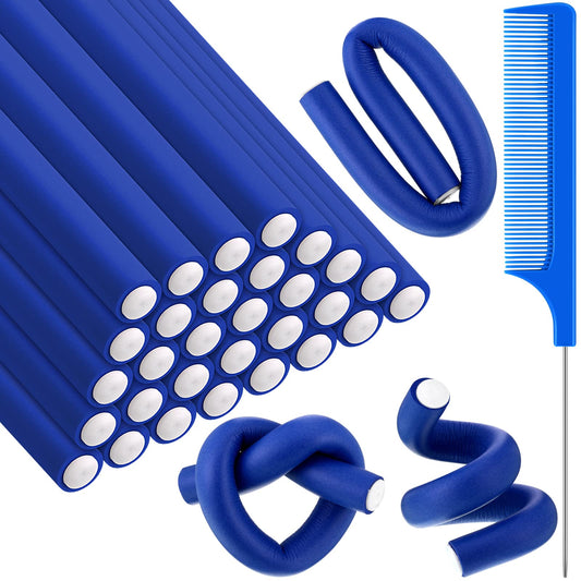 Syhood 30 Pcs Flexible Curling Rods 9.45" Twist Foam Hair Rollers Soft Foam No Heat Hair Rods Rollers and 1 Steel Pintail Comb Rat Tail Comb for Women Long Short Hair(Dark Blue,9.45 x 0.55 Inch)