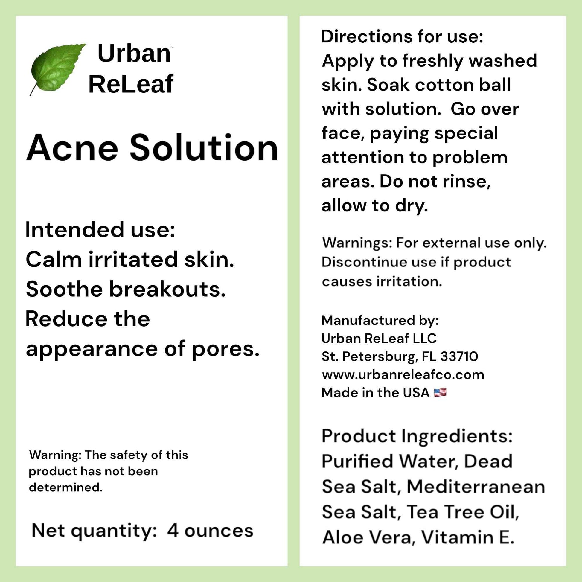 Urban ReLeaf Acne Solution Facial Toner! Sea Salt & Tea Tree. Soothe Skin, Calm breakouts. 4 oz. Gentle Effective. 100% Natural & Soothing. Reduce The Appearance of pores. (Pack of 2)