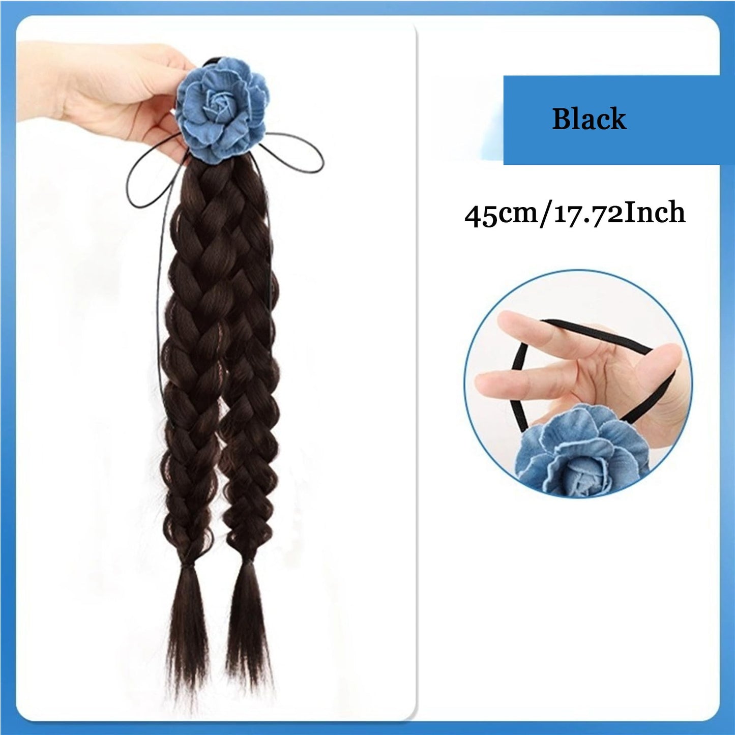 Braided Ponytails Rose Flower Braided Hair Extensions Synthetic Braid Wig with Elastic Hair Band Hairpieces for Women Girls 17.7 Inches Brown Black