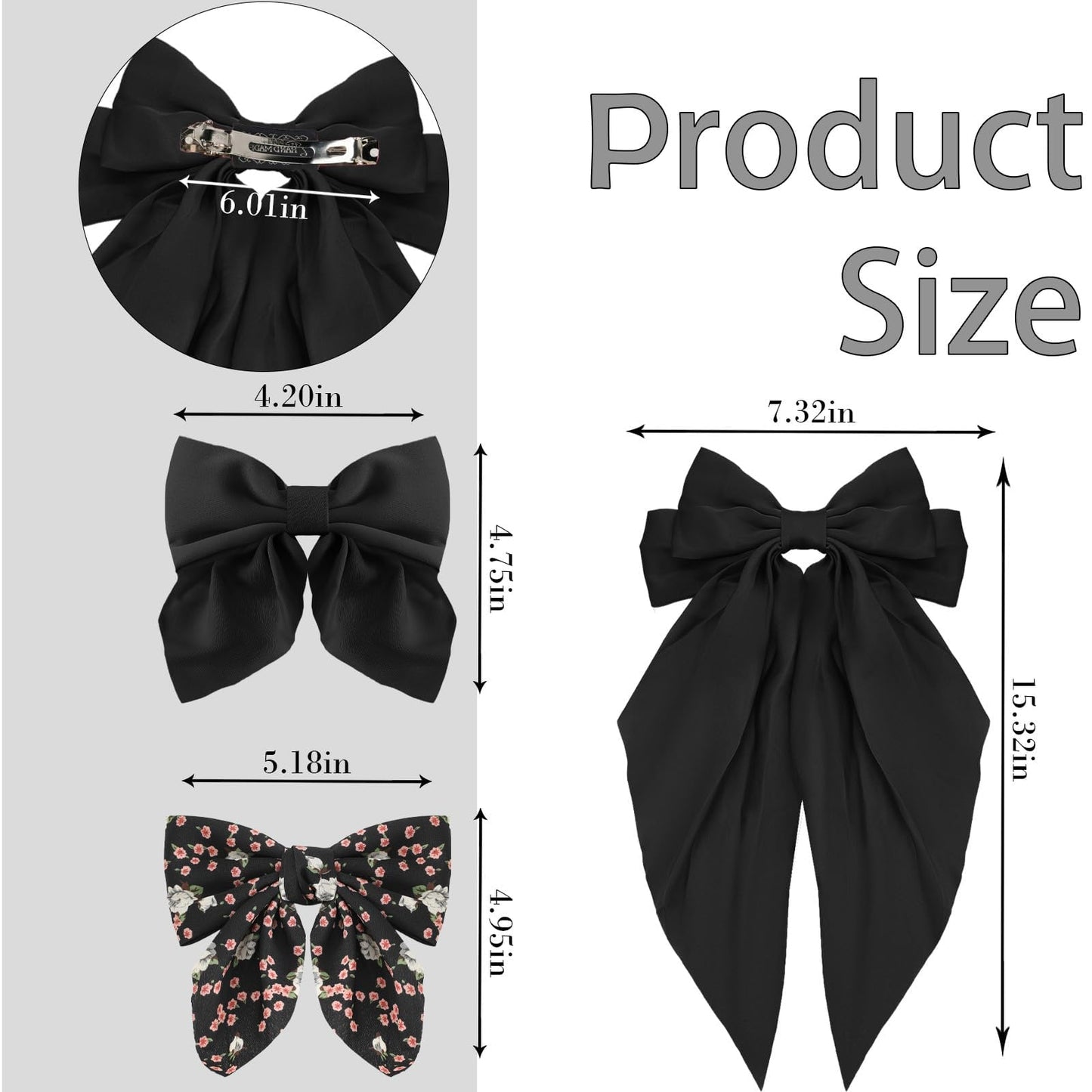 Drnytunk Bow Hair Clips for Women Girls Satin Hair Ribbon Clips Bowknot Barrettes,3PCS Tassel Hair Bowknot Clips Printed Bow Hair Clips Long-tail Hair Bows Cute Hair Accessories,Black