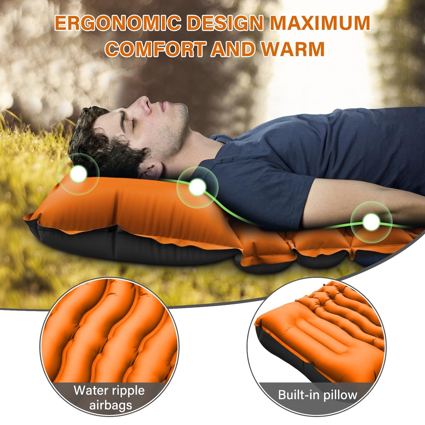 Camping Sleeping Pad, Ultralight Camping Pad with Pillow, Built-in Foot Pump Inflatable Sleeping Pad, Compact Size for Camping, Backpacking, Hiking - Orange