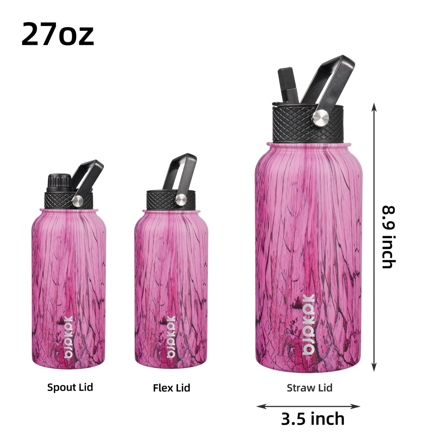 BJPKPK Insulated Water Bottles with Straw Lid, 27oz Stainless Steel Water Bottle with 3 Lids, Leak Proof BPA Free Metal Thermos Mug, Sports Water Bottle Keep Cold & Hot- Wood Pink