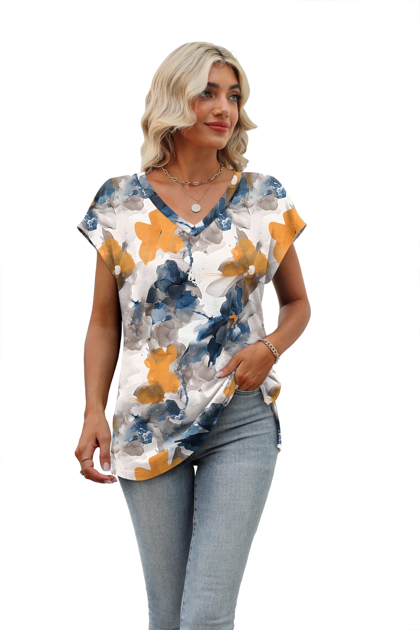 White Floral Tops for Women Dessy Casual Flower Printed V Neck Tshirts Short Sleeve Tops Print Yellow Blue Ink Flower S