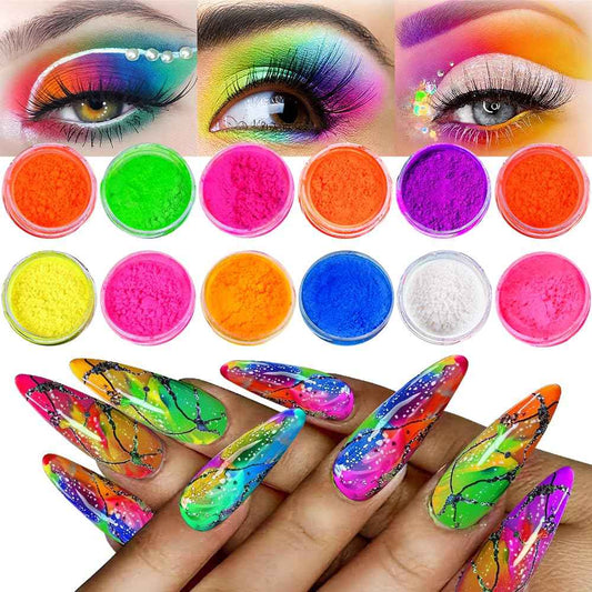Neno Pigment Powder for Nails, 12 Colors Fluorescent Rainbow Resin Pigment Powder for Acrylic Gradient Smoke Nails, High-Gloss Paint Pigments Powder Dust for Halloween Manicure Eyeshadow Liner Makeup