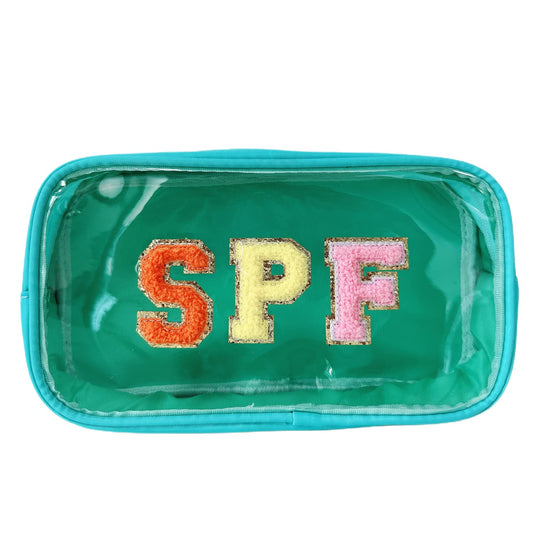 Clear Makeup Letter Bag with Chenille Letter Patch and Glitter SPF for Travel