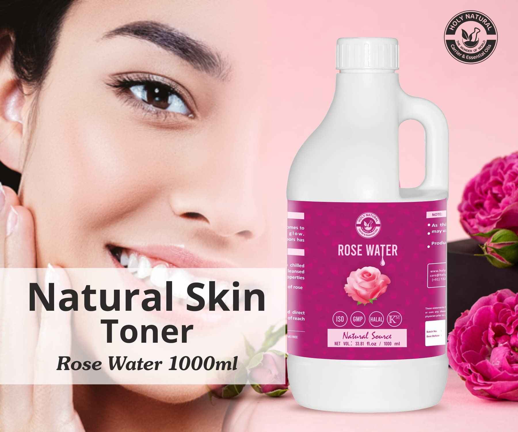 Holy Natural Rose Water (1000ml) for Face & Hair Toner Alcohol & Preservative Free