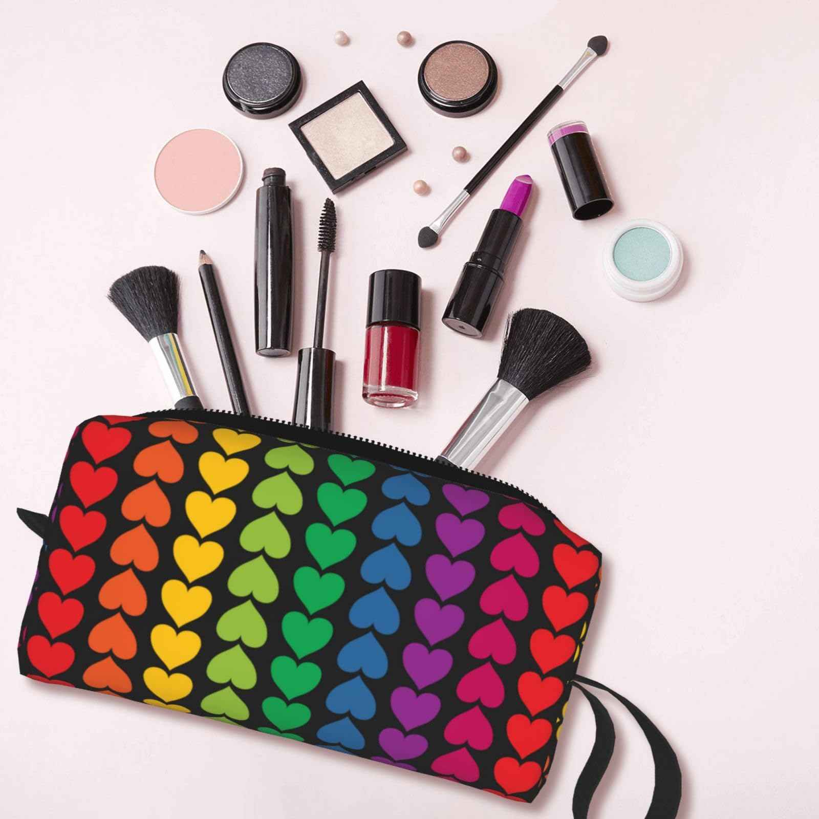 JKJOJIA Valentine Heart Rainbow Love Makeup Bag Organizer Small Cosmetic Bags Portable Travel Toiletry Bag With Handle Simple Accessories Storage Zipper Pouch For Women Girl