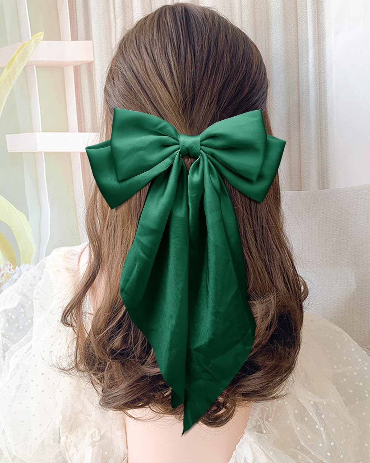 Dark Green Satin Long Tail Large Hair Bows for Women - 2Pcs Wedding Prom Gift Ribbons, Clips and Accessories