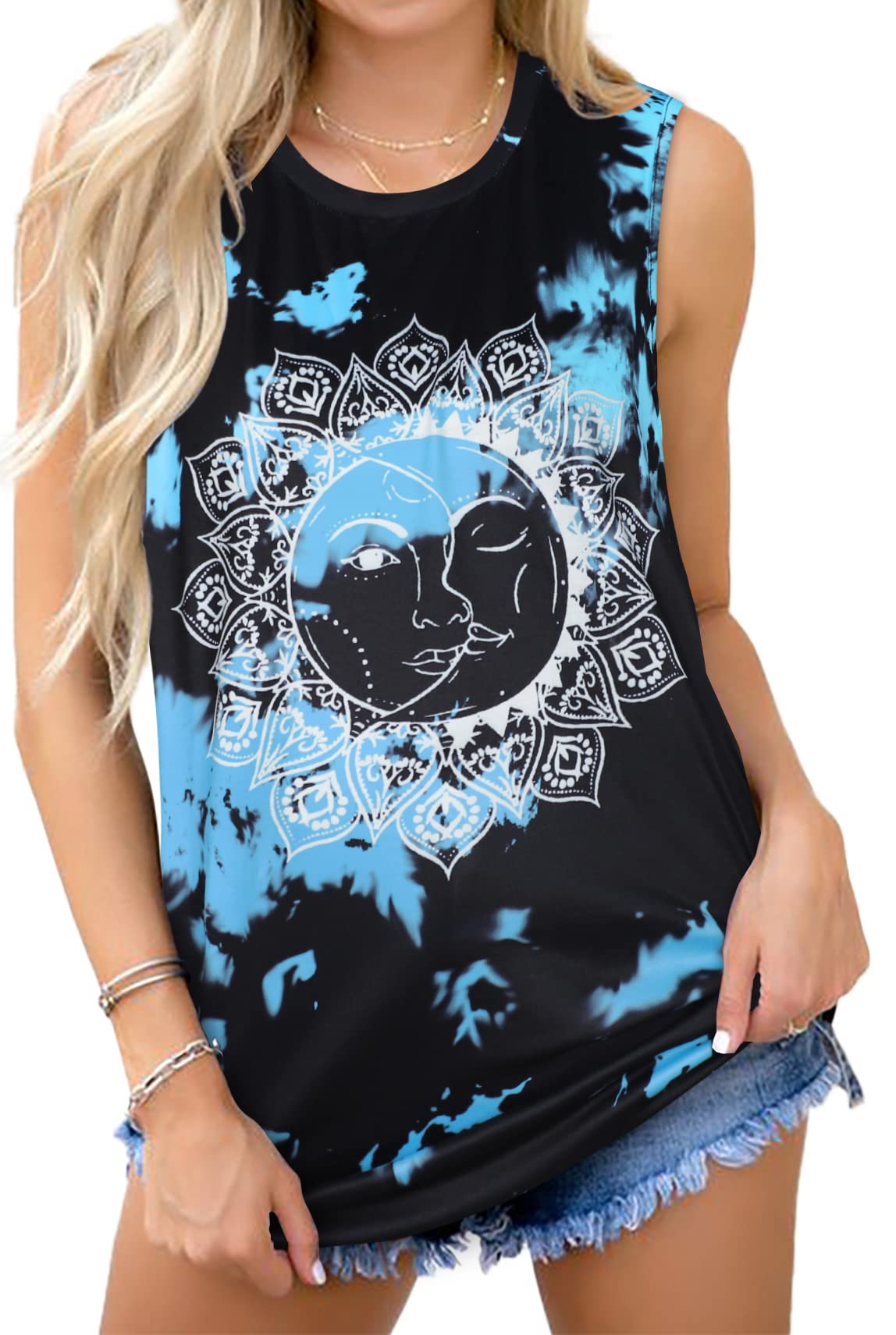 Graphic Tops for Women Tanks Summer Sleeveless Casual Loose Tunic Blouses(Blue Sun Graphic, S)