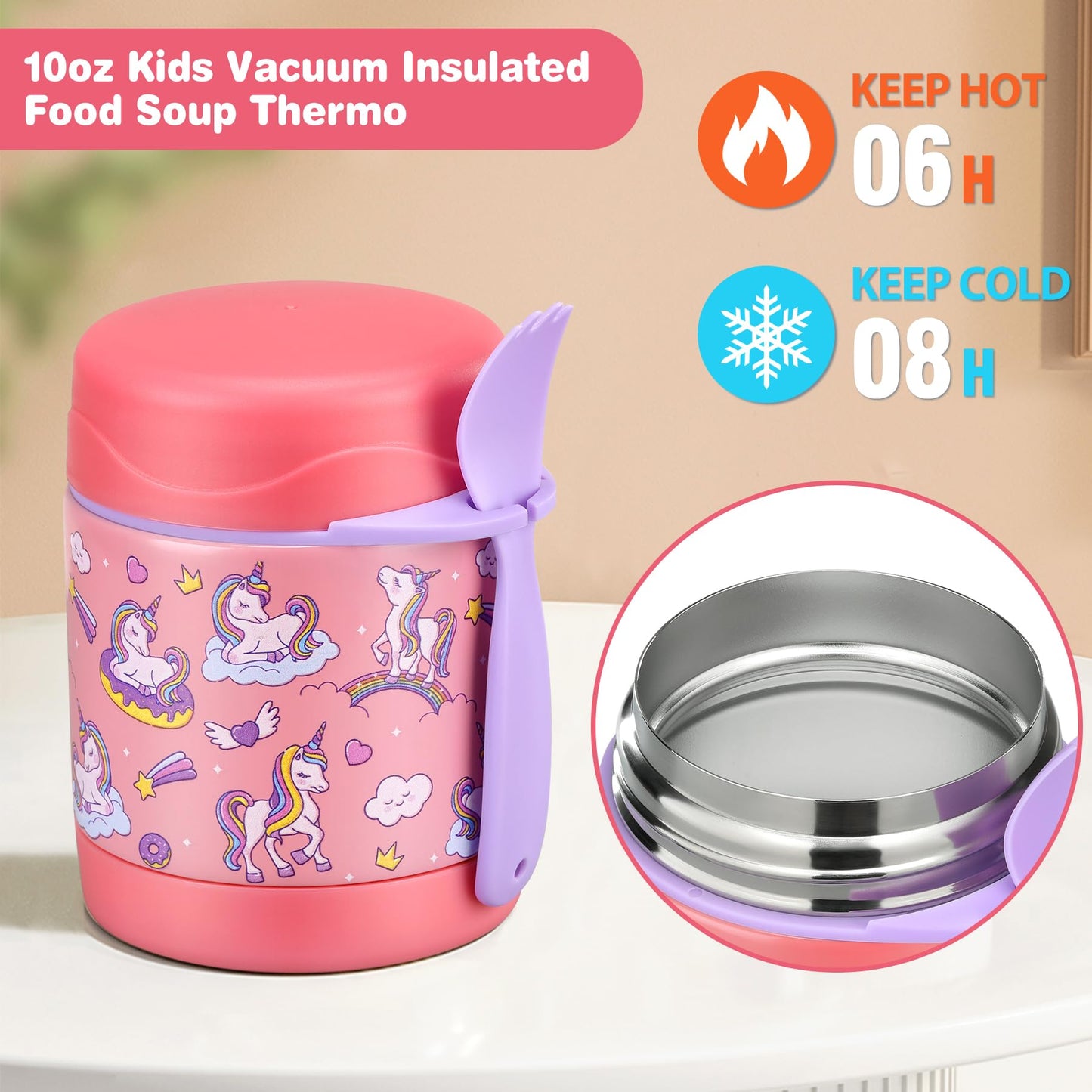 10oz Soup Thermo for Hot Food Kids Insulated Food Jar,Thermo Hot Food Lunch Container, Width Mouth Stainless Steel Lunch Box for Kids with Spoon (Pink-Cute Horse)