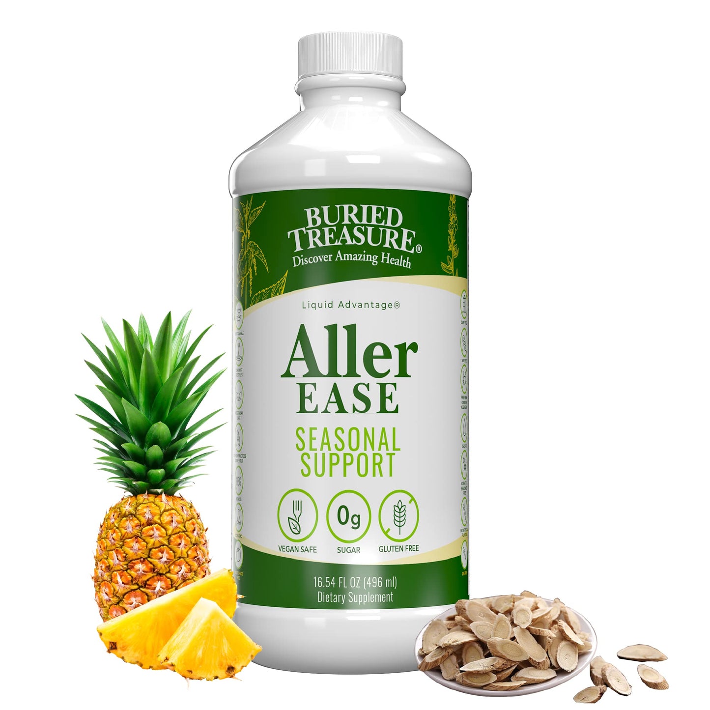 Buried Treasures Aller Ease - 16 fl oz. Liquid Supplement w/ Quercetin, Bromelain, Mullein, Supports Immune, Sinus Comfort, Non-Drowsy Herbal Formula