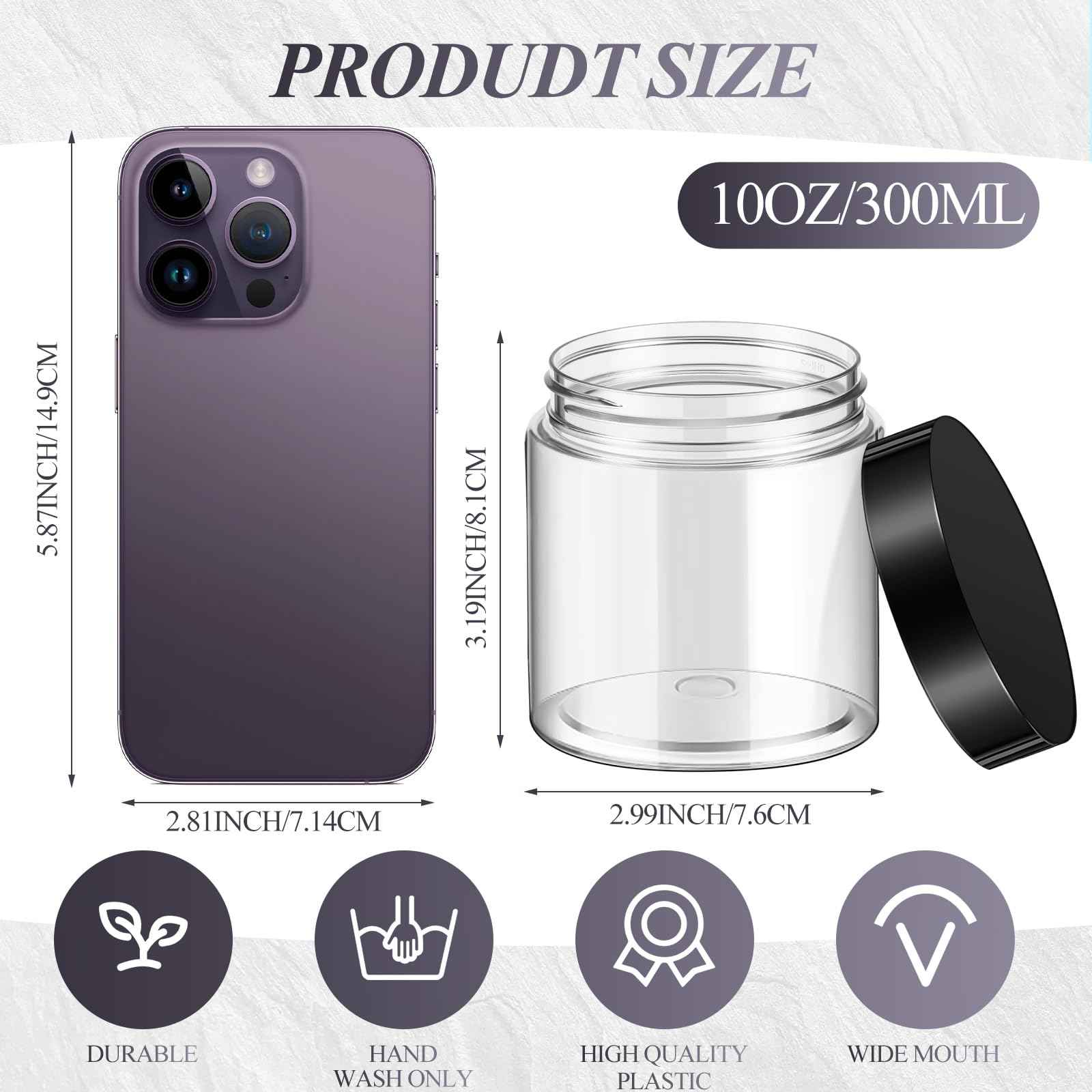 Patelai 60 Pcs Plastic Container Jars with Lids Round Clear Travel Cosmetic Container Jars for Toiletries, Lotion, Cream, Ointments, Makeup, Rhinestone, Samples, Kitchen Storage(Black,10 oz)