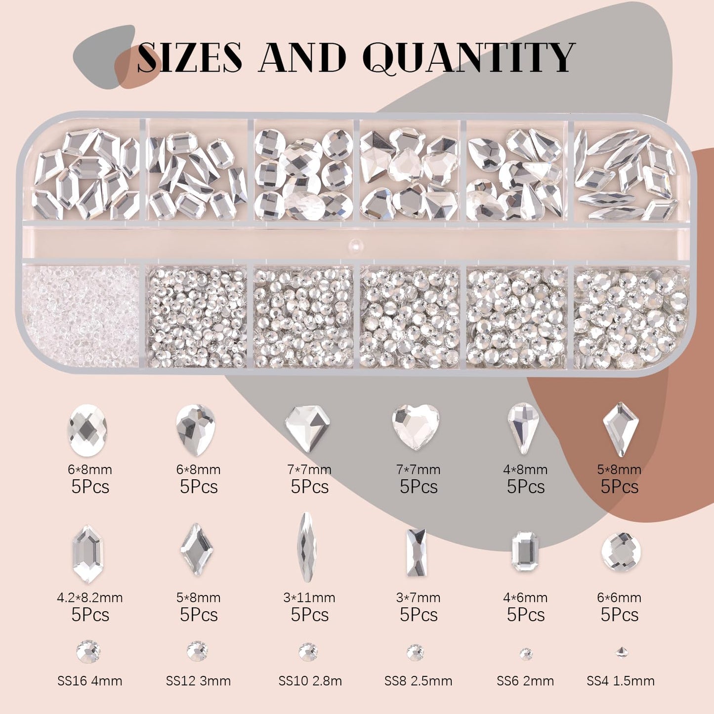 1560Pcs Clear Glass Nail Rhinestones 60Pcs Multi Shapes Flatback Gems Crystal + 1500Pcs 1.5-4mm Round Beads, Manicure Diomand Jewelry Gemstones for Nail Design Makeup Acrylic Nails Decoration