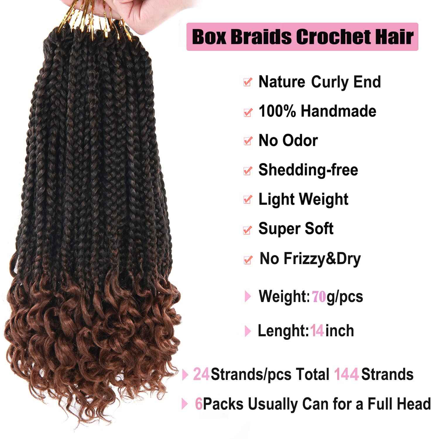 14 Inch 144 Roots/pack Box Braid Crochet Hair Black Box Braids Hair Curly Ends Ombre Brown Curly Wave Goddess Braids Crochet Hair 24 Strands/pcs Braiding Hair Extensions (14inch, 1B/30#)