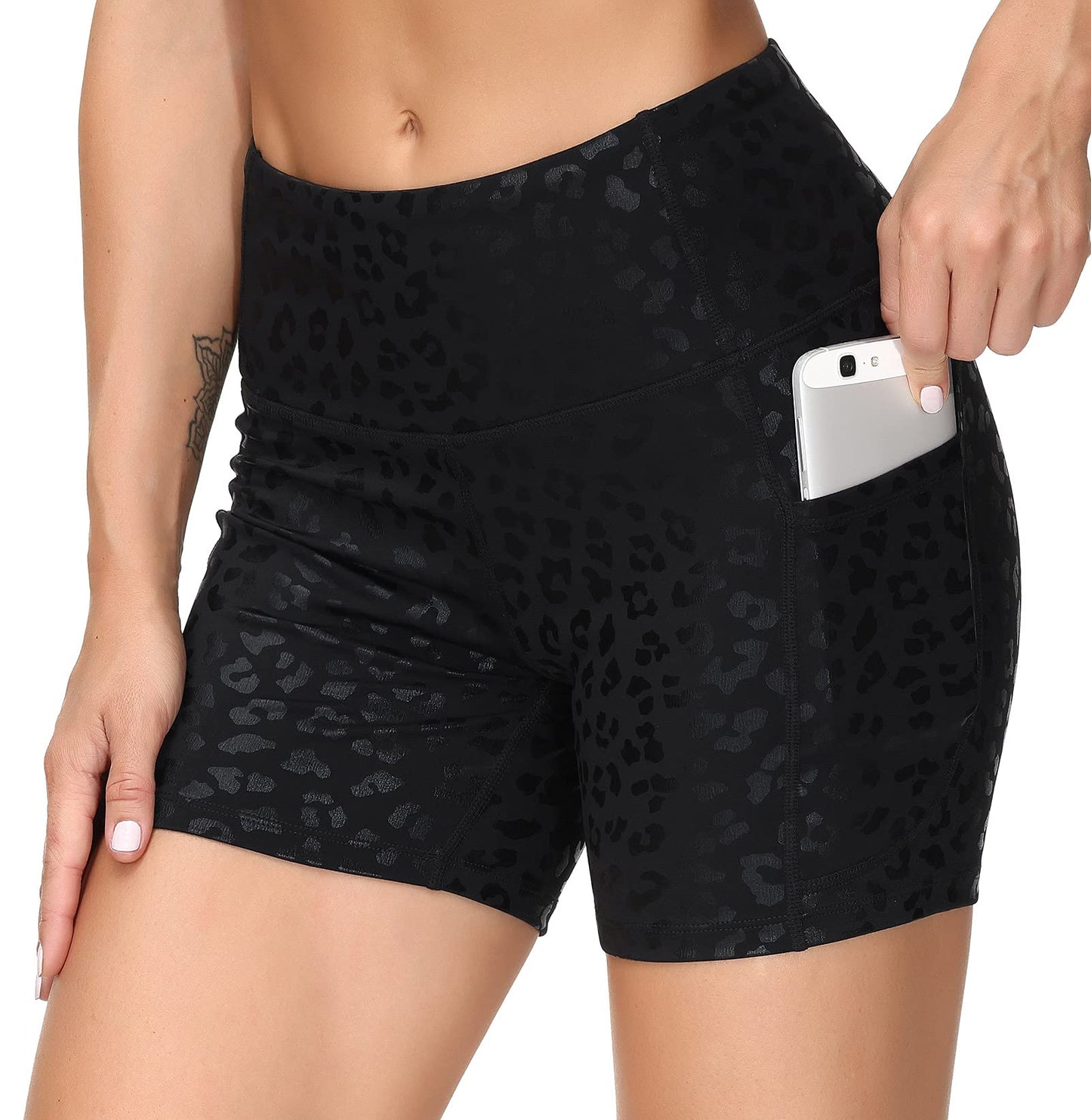 THE GYM PEOPLE High Waist Yoga Shorts for Women Tummy Control Fitness Athletic Workout Running Shorts with Deep Pockets (Small, Black spot Leopard)