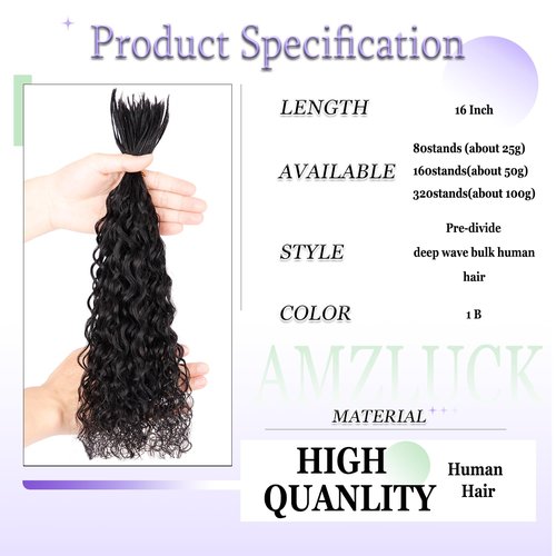 Pre-Divided Human Braiding Hair for Boho Braids Water Deep Wave Human Hair Bulk for Braiding Curly Human Hair for Boho Locs Boho Crochet Braids Human Hair Extensions (1B, 16"-320Strands)