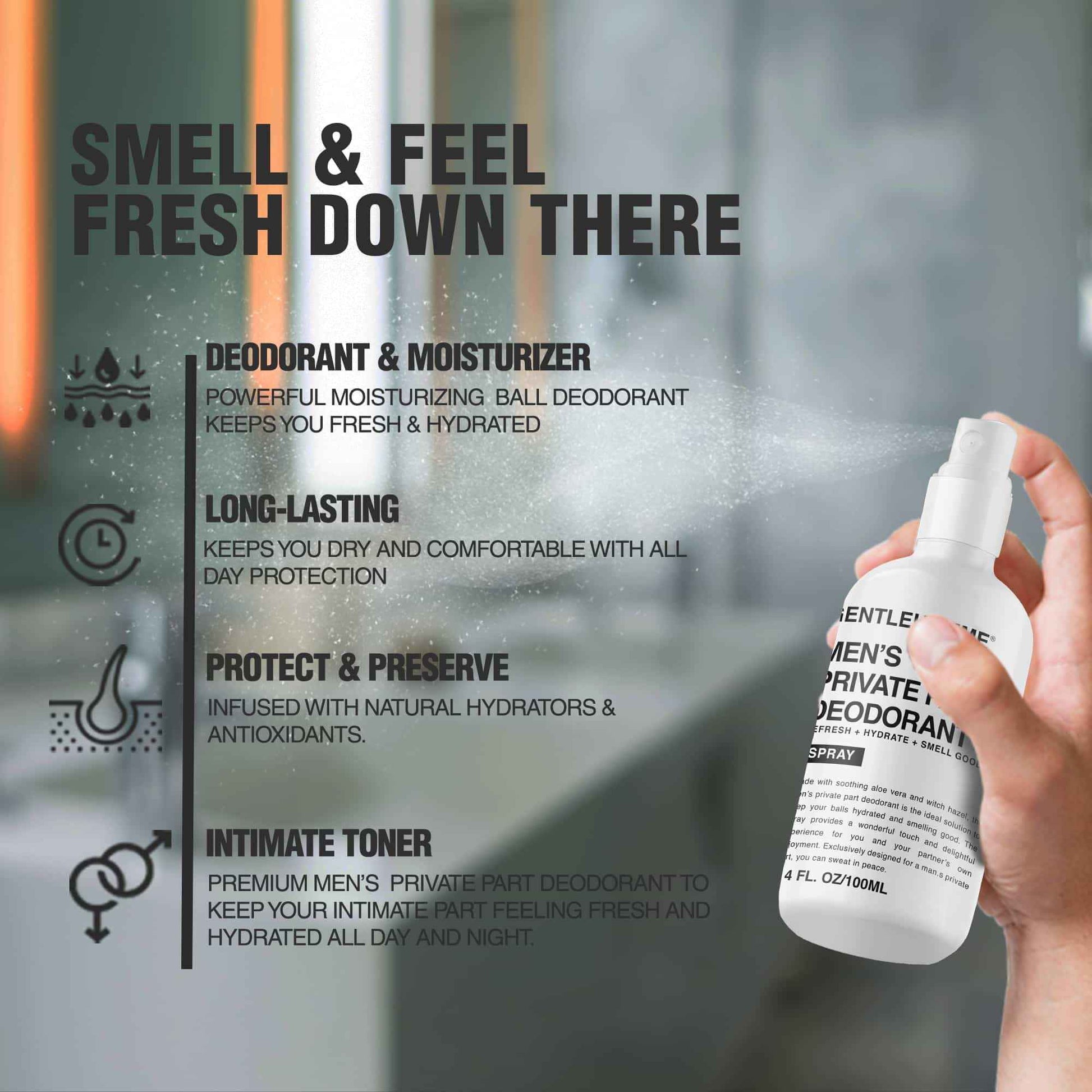 Men's Deodorant Spray for Intimate Areas - Anti-Chafing, Hydrating & Refreshing - with Aloe Vera & Witch Hazel - All Skin Types - Vegan - Amber Scent - 4oz