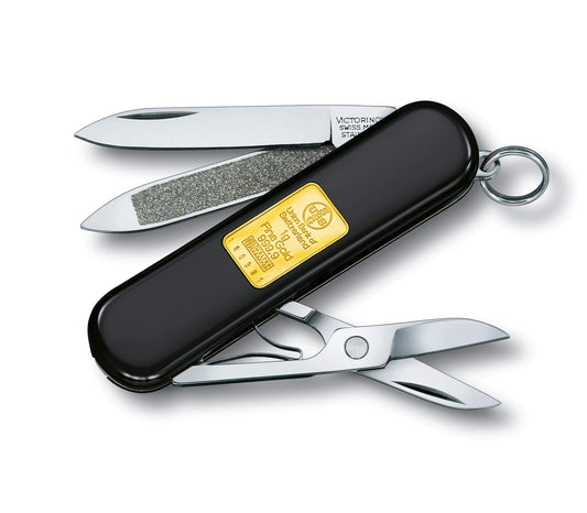 Victorinox Classic SD Swiss Army Knife, Compact 7 Function Swiss Made Pocket Knife with Small Blade, Screwdriver and Key Ring - Gold Ingot