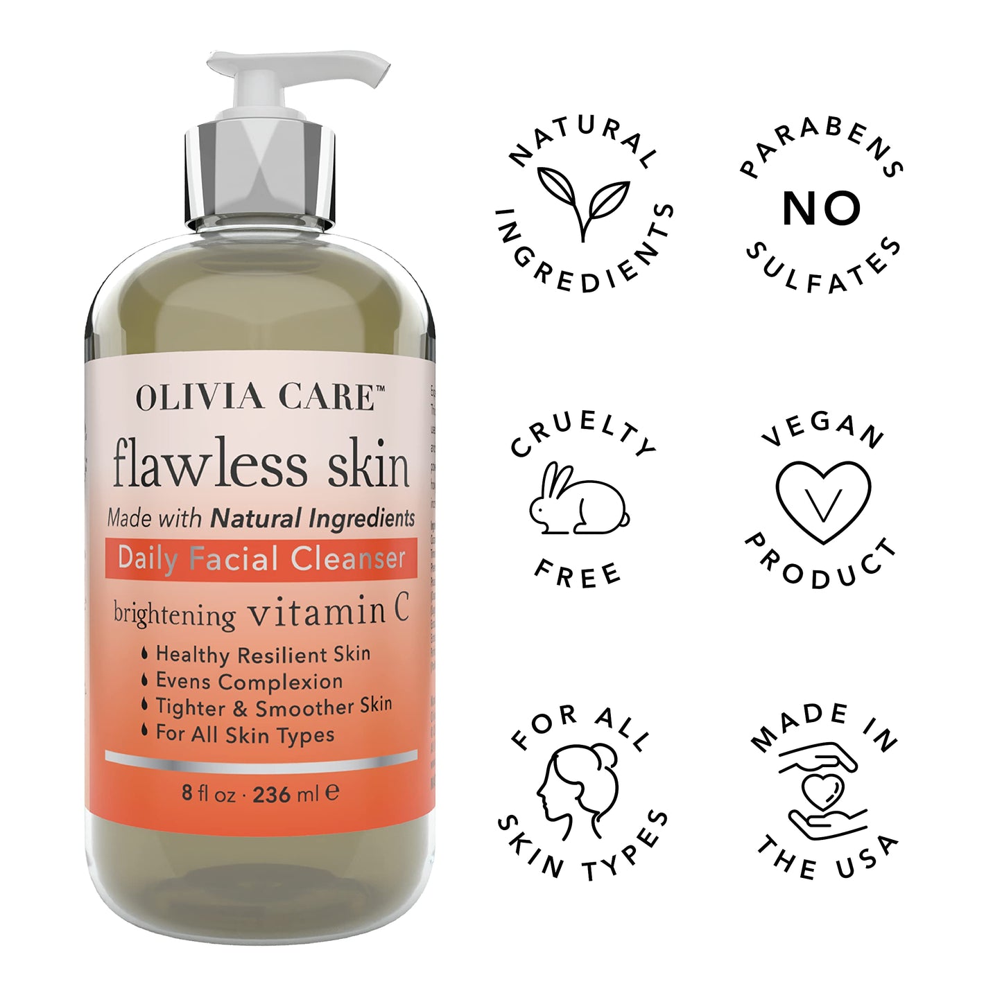 Olivia Care Vitamin C Daily Brightening Facial Cleanser - All Natural Moisturize, Hydrate, Cleanse - Brighten Age Spot, Tighter & Soothe Skin - Antioxidants - All Skin Type - 8 FL OZ