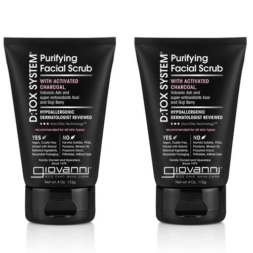 GIOVANNI D:tox System Purifying Facial Scrub - With Activated Charcoal, Removes Impurities for a Beautiful Complexion, Hypoallergenic, Dermatologist Tested, Super Antioxidant Acai & Goji Berry - 4 oz (2 Pack)