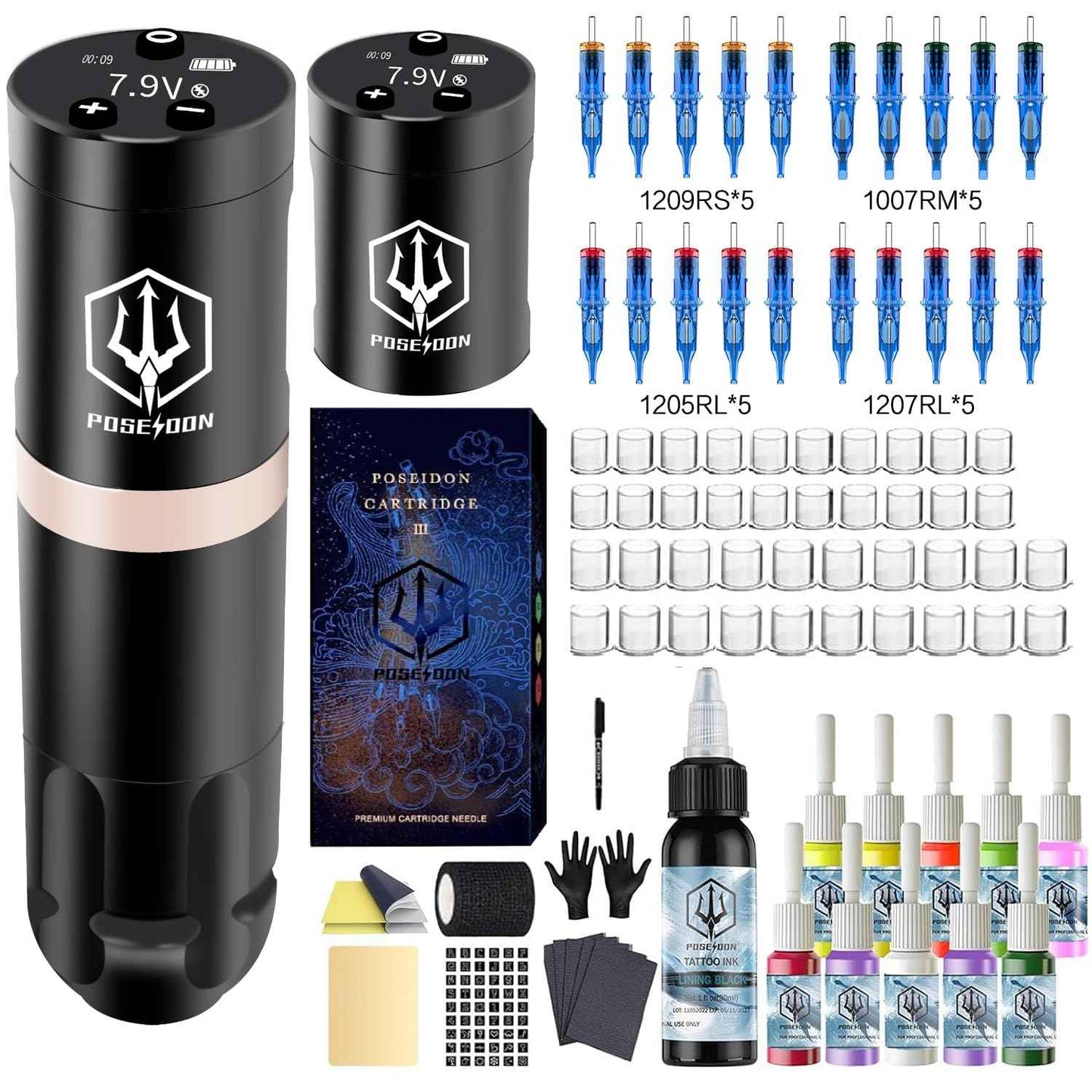 POSEIDON Cordless Rotary Tattoo Machine Kit with 20 Tattoo Cartridge Needles, Ink Set & 2 Rechargeable Batteries | Professional Portable Tattoo Gun for Beginners | Complete Starter Supplies(HM124)