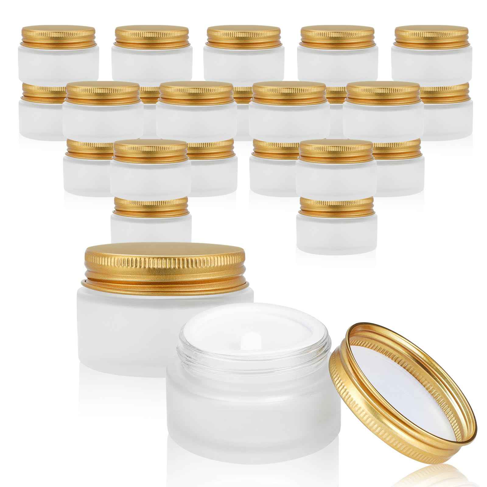 RAMFIYN 24 pack 5ml Frosted Glass Jars with Unbreak Metal Gold Lids Small Empty Travel Lotion Containers with Inner Liner Airtight Cosmetic Holder with Labels for Lip Balm Creams Body Butter