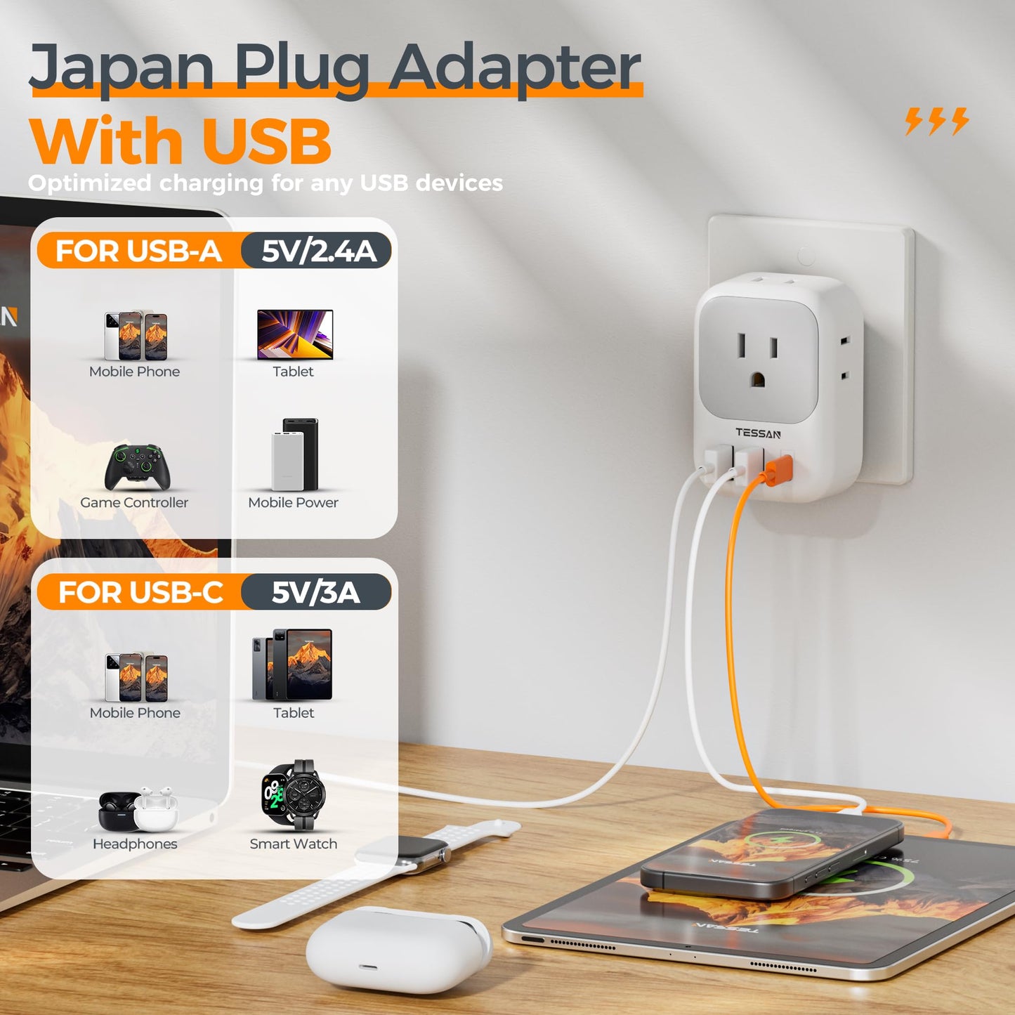 TESSAN 2 Prong to 3 Prong Adapter, Multi Plug Outlet Extender with 4 Outlets 3 USB Ports(1 USB C), Type A Travel Plug Converter for US to Japan, Philippines, Canada, Mexico, China, Thailand, Anguilla