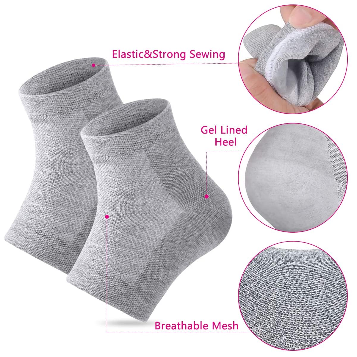 XAENA 3 Pairs Moisturizing Gel Heel Socks - Toeless, Breathable Socks for Cracked Heel Repair, Hydrates and Softens Dry, Cracked Feet, Ideal for Daily Foot Care(Gray)