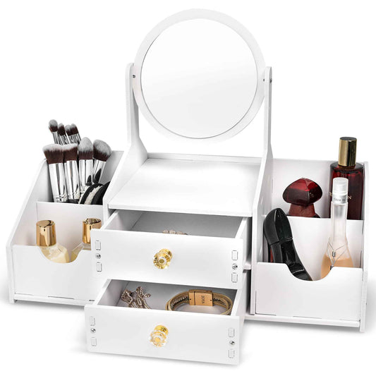 Domovina Wooden Makeup Organizer – Countertop Makeup Organizers with Mirror, Drawers – Cosmetic Organizer for Brushes, Skincare – Elegant Make Up Storage Holder for Vanity, Bathroom, Dresser