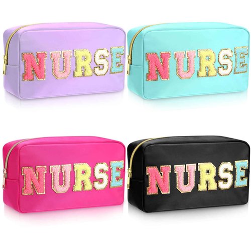 Cosblank 4 Pcs Nurse Makeup Bag Chenille Letter Nylon Cosmetic Bag Makeup Bag Toiletry Cosmetic Case Nurse Bag with Zipper Stuff Bag Cosmetic Pouch Makeup Pouch for CNA IPN RN Nurse Week
