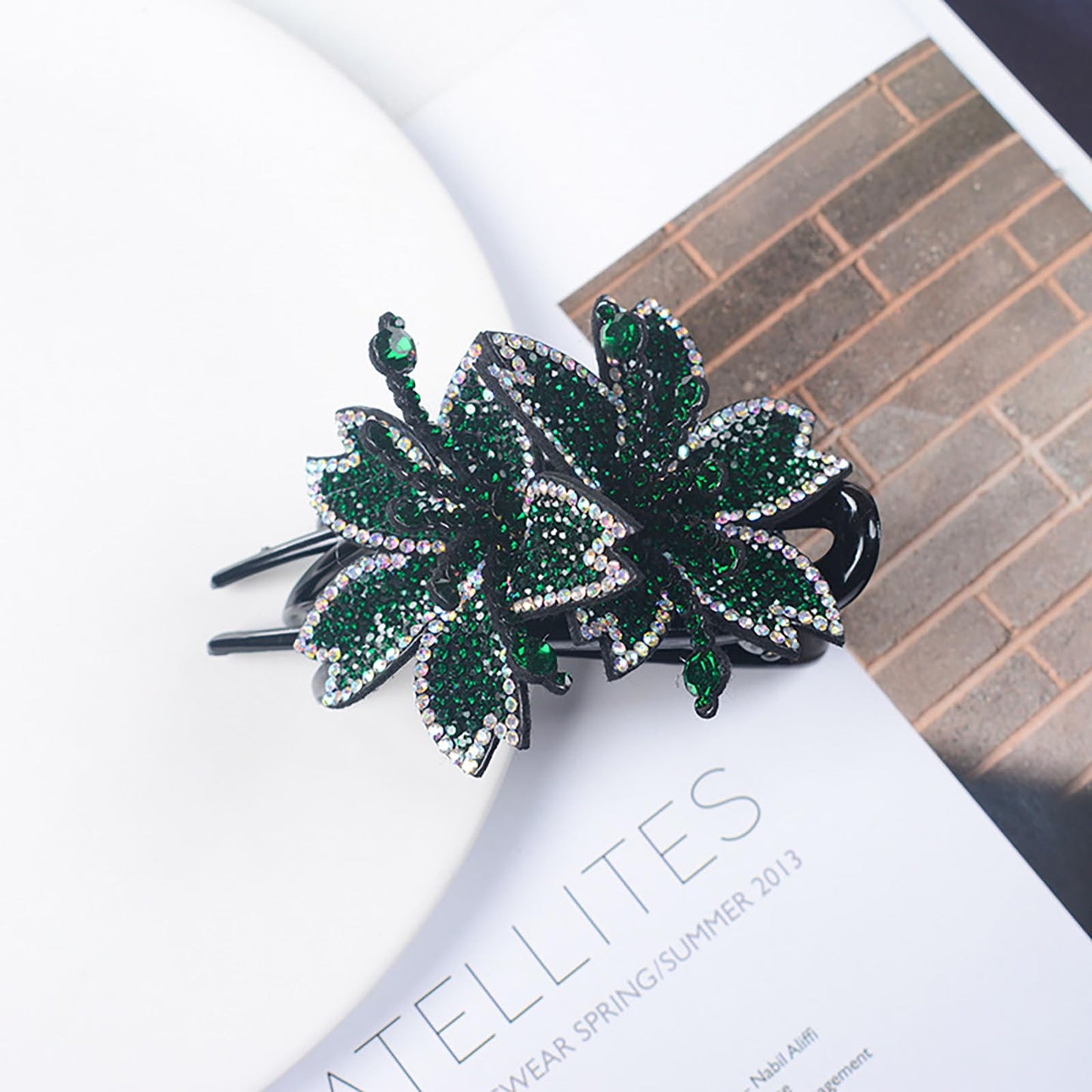 Emerald Green Double Flower Hair Clip,Shiny Rhinestones Duckbill Hair Clip,Crystal Hair Clip for Thick Hair,Fancy Hair Accessories,Cute Flower Hair Clips,Decorative Hair Clips for Women