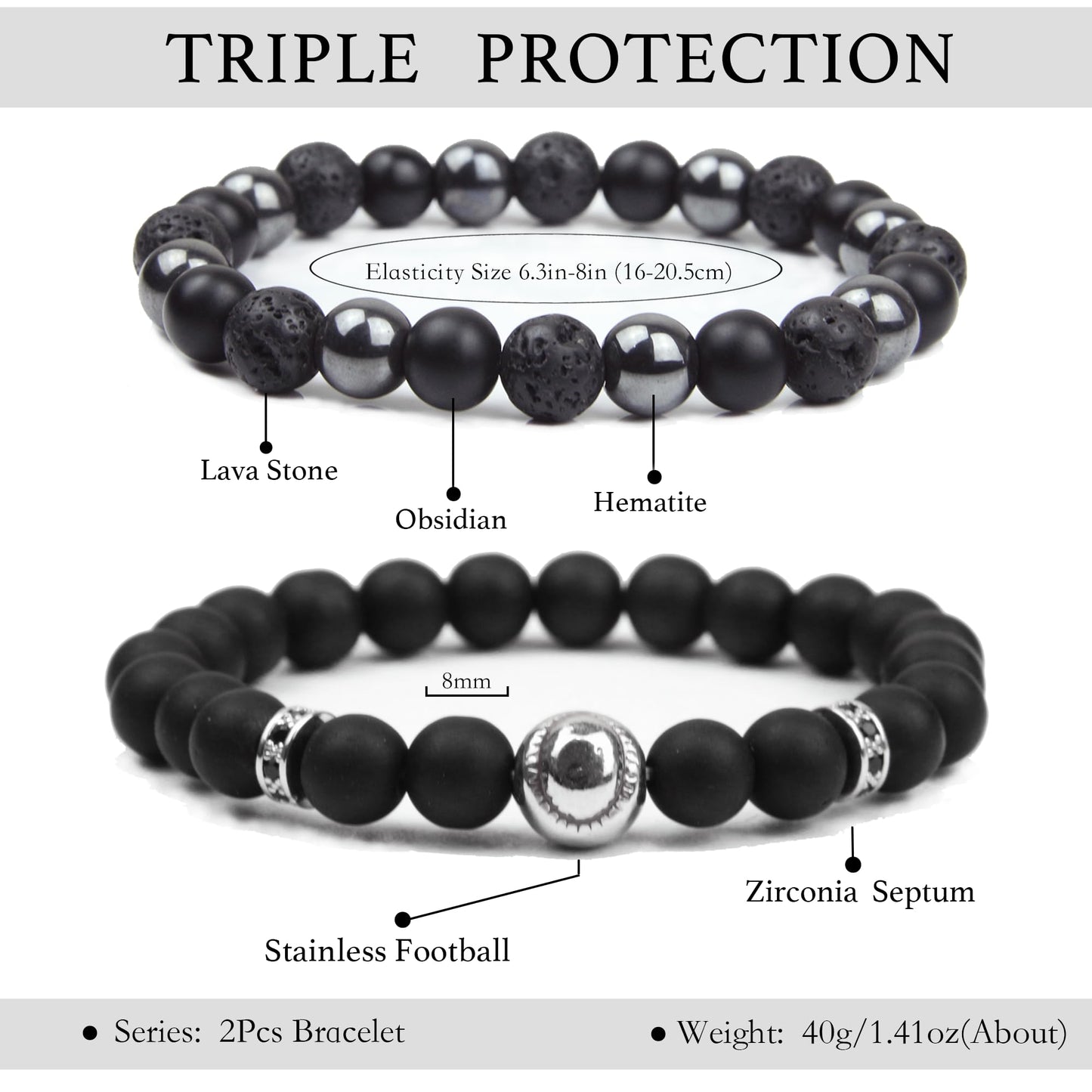 Black Obsidian Bracelet for Men - Football Bracelet - Tourmaline Beaded Bracelets - 8MM Black Onyx Hematite Lava Stone Beads Triple Protection Bracelet Gifts for Boys