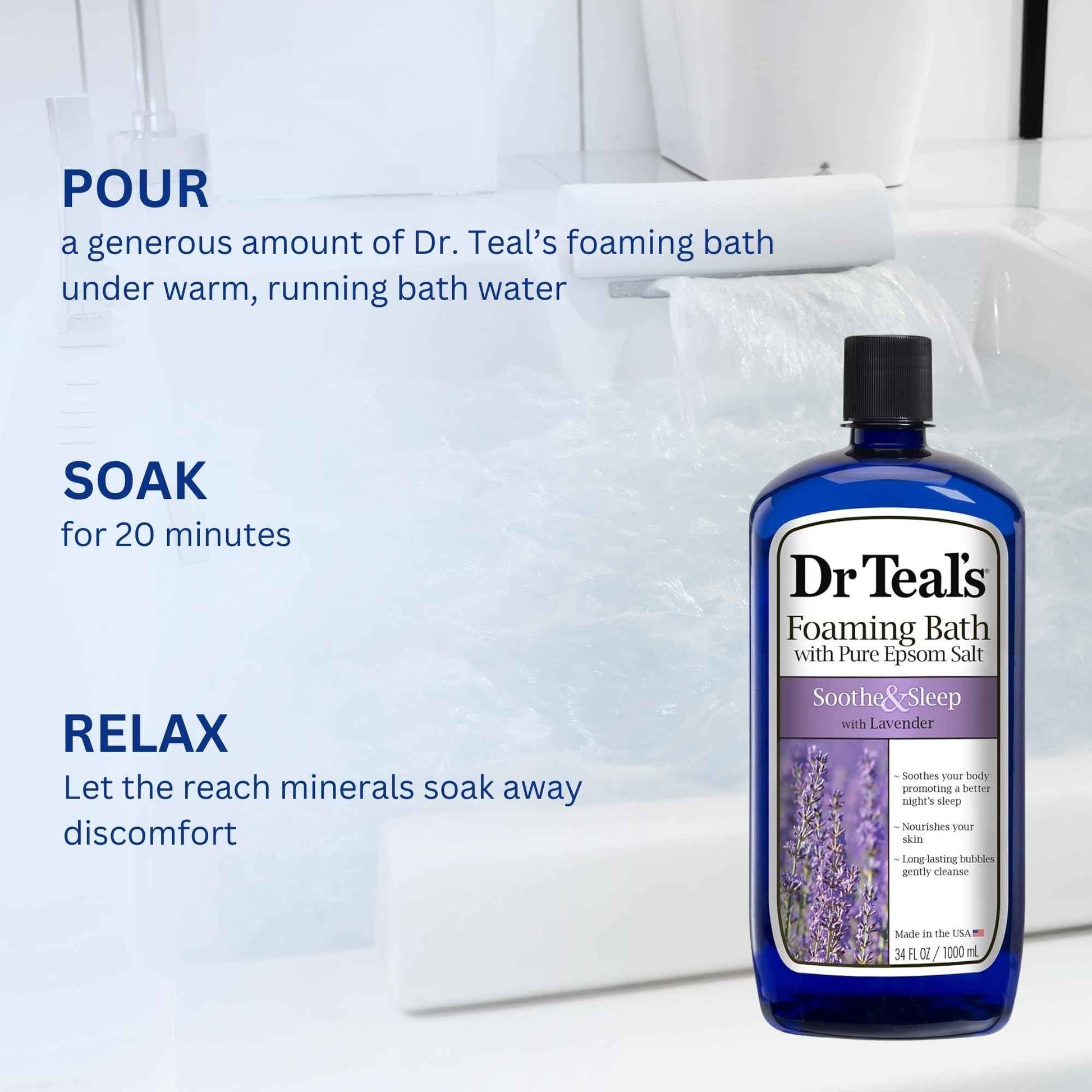 Dr. Teal's Lavender Foaming Bath 34 oz (Pack of 2) with Variety Junction Premium Bath and Shower Sponge, Soothing & Relaxing, Bubble Bath, Soaking Bath, Men's and Women's, Clear