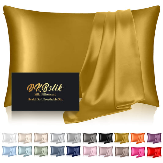 Silk Pillowcase for Hair and Skin, Mulberry Silk Pillow Cases Standard Size, Anti Acne Cooling Beauty Sleep Both Sides Natural Silk Satin Pillow Covers with Hidden Zipper Gifts for Women Men, Gold