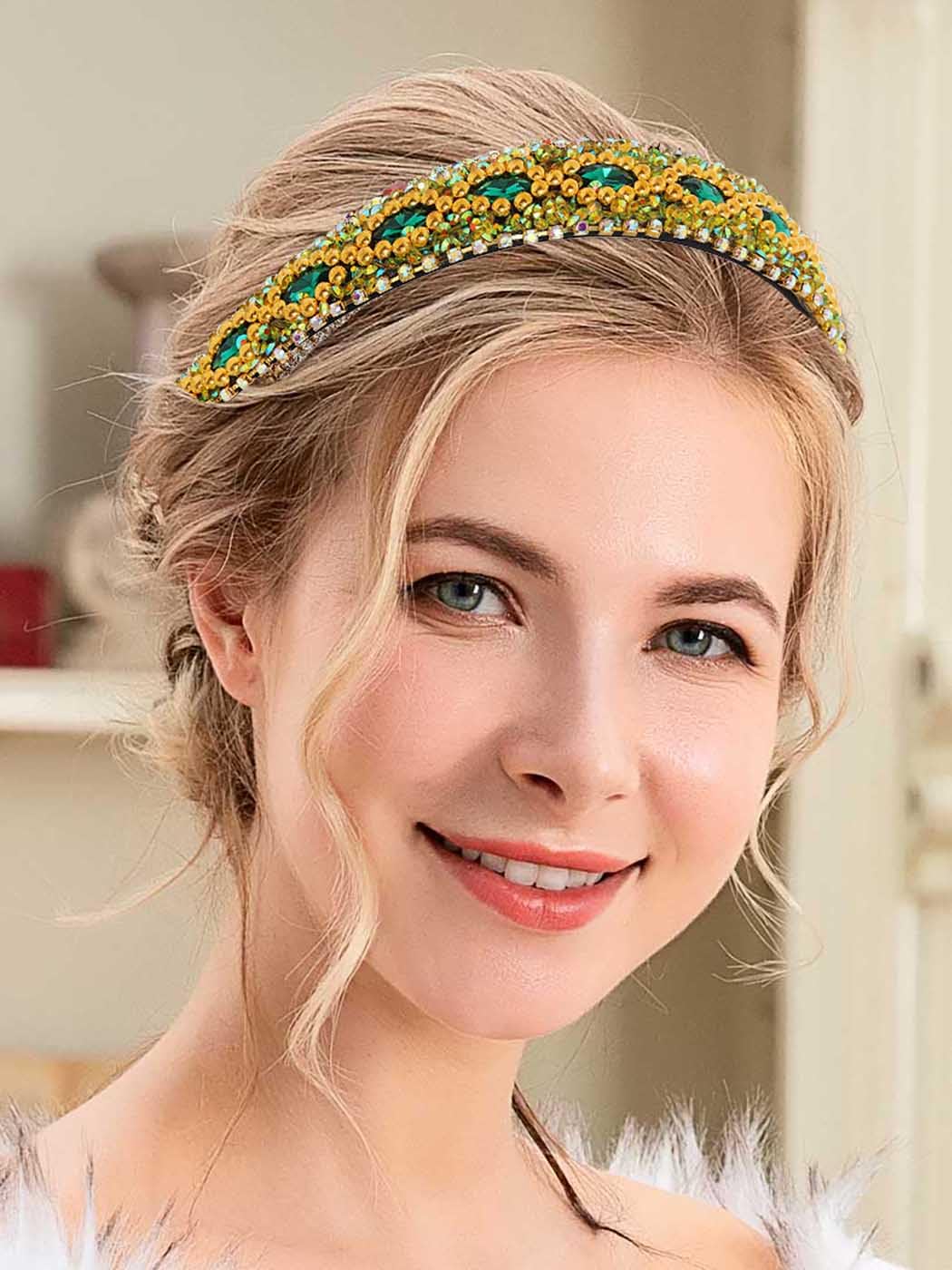 Barode Rhinestone Headbands Colorful Glitter Crystal Wide Headband Bejewelled Hairband Shell Pearl Bling Hair Accessories for Women (R)