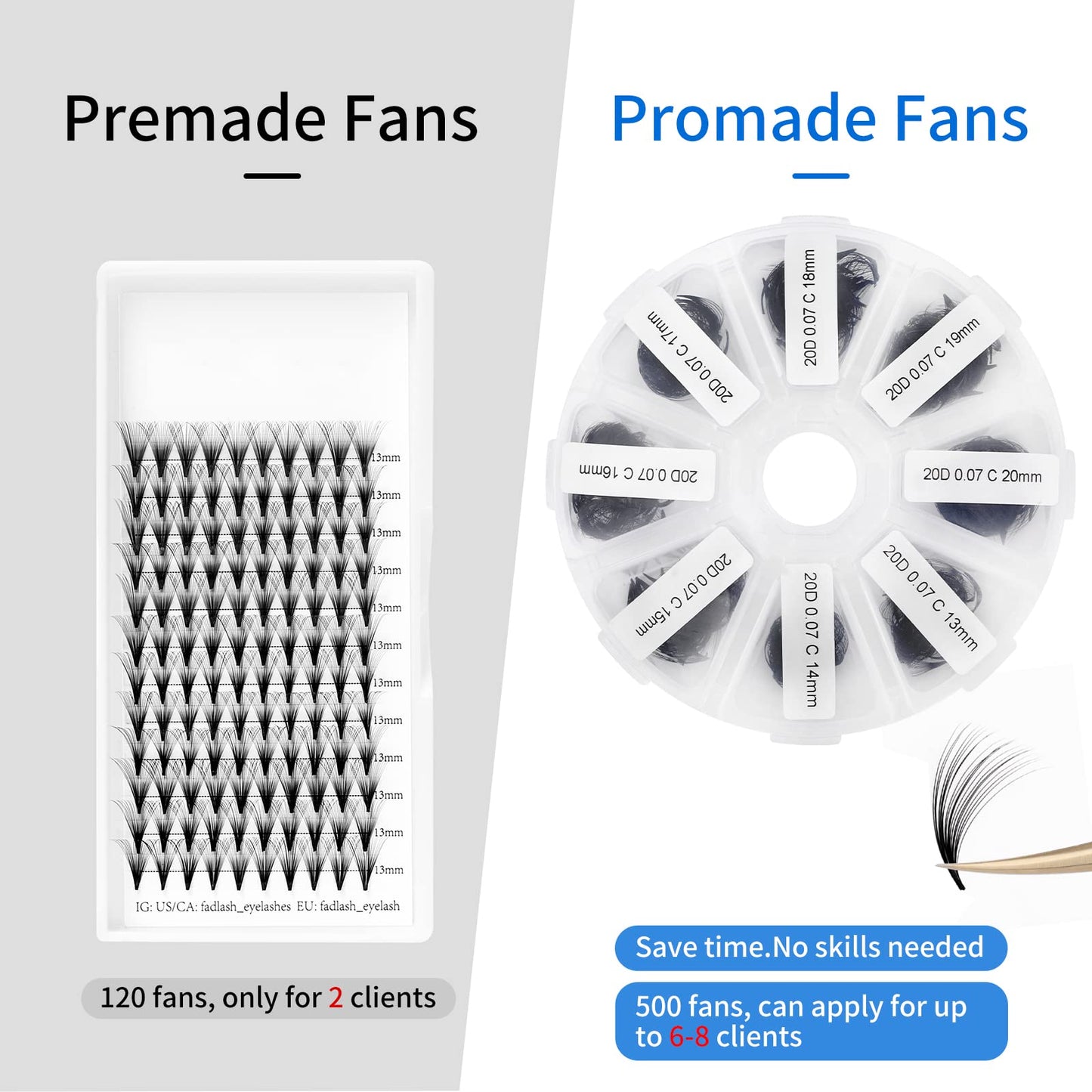 Premade Fans Short Stem 500 PCS 20D Eyelash Extensions 0.07mm C/D Curl 9-16mm Mixed WENDY LASHES Russian Volume Pre-made Lash Extension (500PCS-20D-0.07-D, 9-16mm mixed)