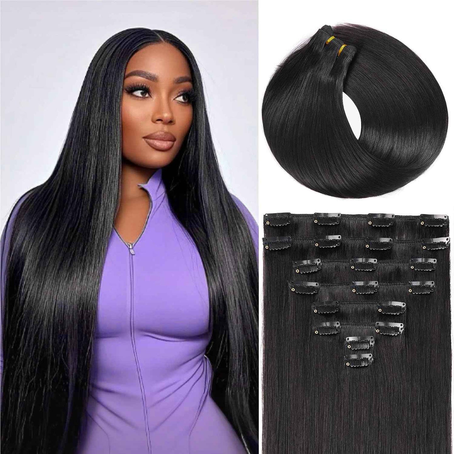 Nuzusa Clip in Hair Extensions Real Human Hair,100% Seamless Remy Human Hair Straight,Clip Extensions for Women, 8pcs Per Set with Double Weft,1B Natural Black,16inch 90g/3.2oz
