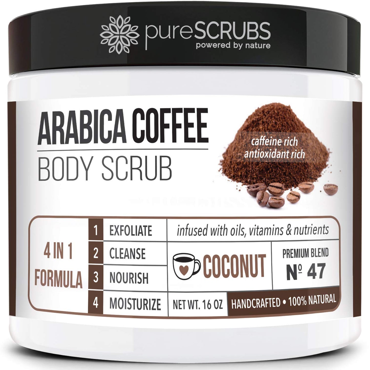 pureSCRUBS Premium Organic Arabica Coffee Body Scrub Set - COCONUT BLEND Large 16oz Anti Cellulite Scrub With Essential Oils & Nutrients + FREE Wooden Spoon, Loofah & Mini Organic Exfoliating Bar Soap