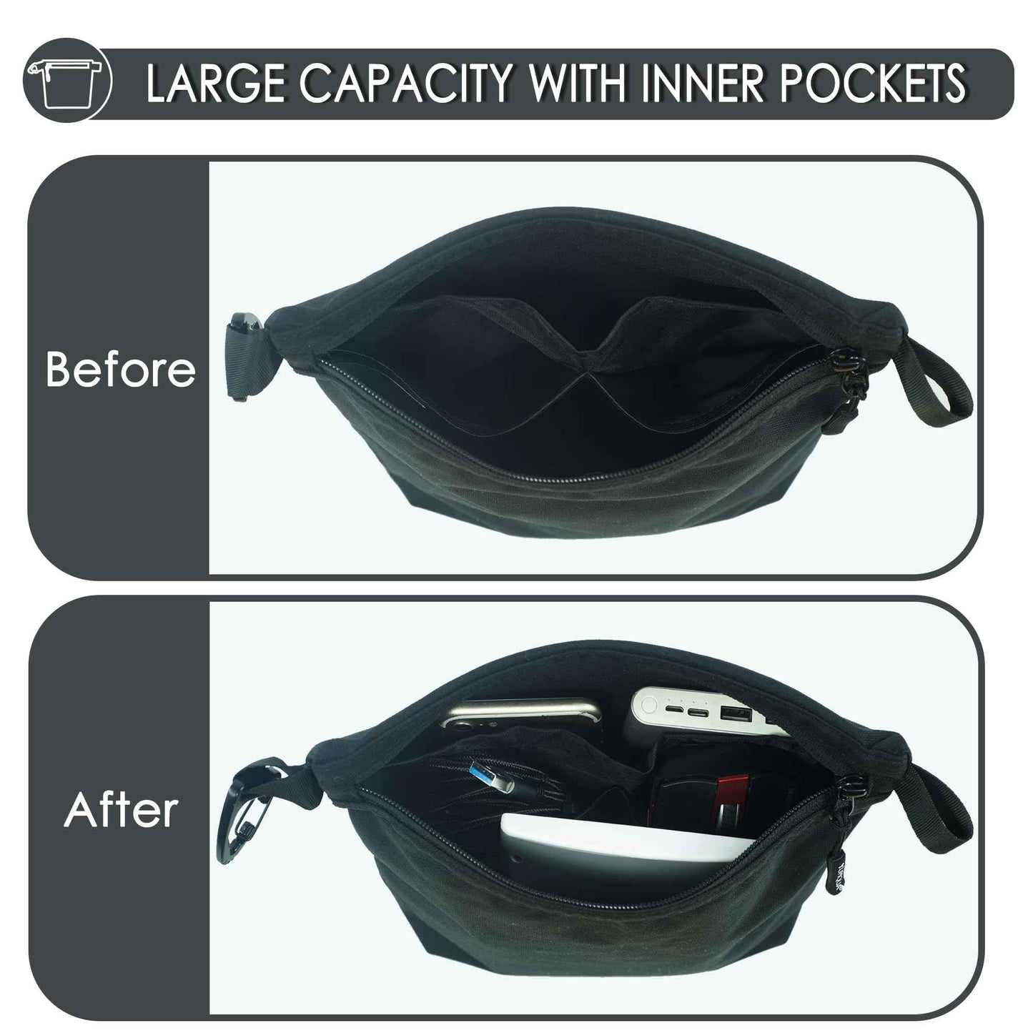 YUMQUA Small Pouch for Travel Essentials, Makeup Pouch Bag with Carabiner Clip on Backpack Dopp Kit Storage Organization for Toiletries, Cosmetics, Tech, Tools, Water Resistant 500D Nylon (Black)