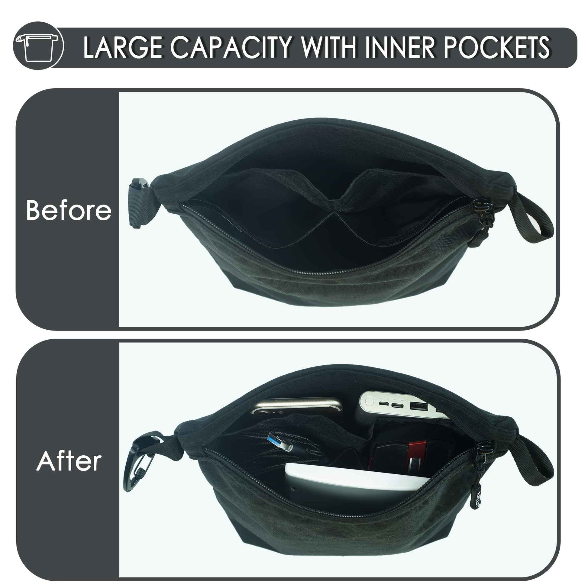 YUMQUA Small Pouch for Travel Essentials, Makeup Pouch Bag with Carabiner Clip on Backpack Dopp Kit Storage Organization for Toiletries, Cosmetics, Tech, Tools, Water Resistant 500D Nylon (Black)