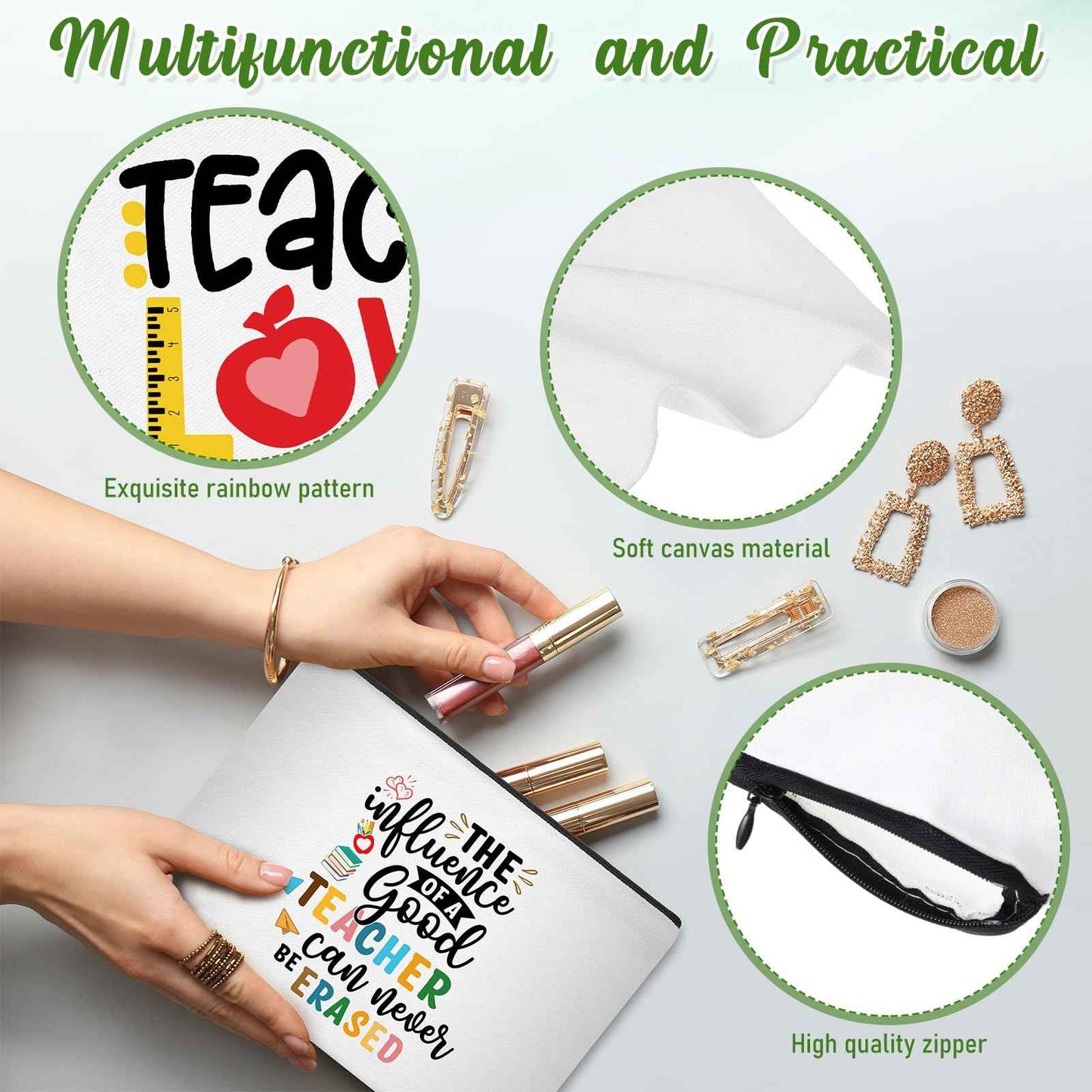 Kajaia 12 Pcs Teacher Gifts Makeup Bags Teacher Appreciation Travel Toiletry Canvas Cosmetic Pencil Survival Kit Bag for Women Zipper Pouch Bag Thank You Gifts Bulk (Warm Words)