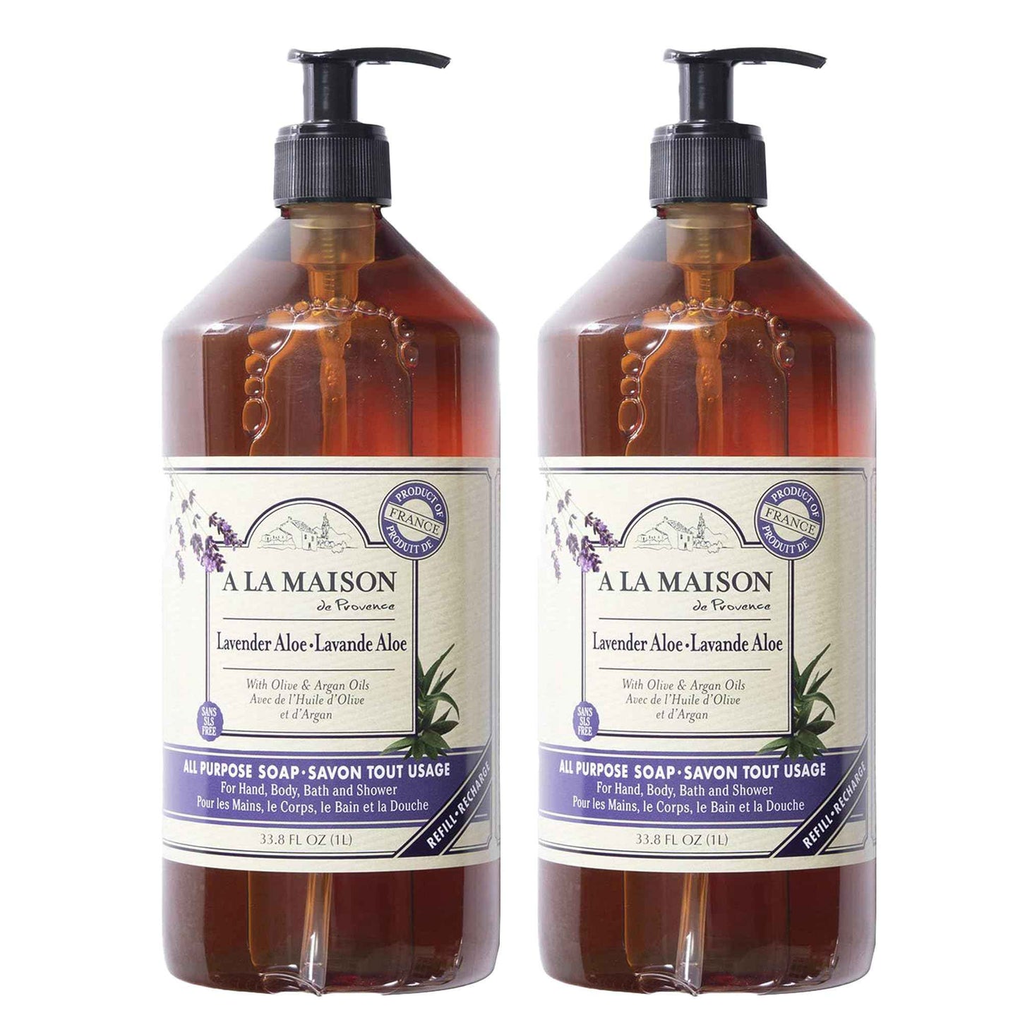 A LA MAISON Lavender Aloe Liquid Hand Soap - Triple French Milled Natural Moisturizing Soap 33.80 Fl Oz (Pack of 2)