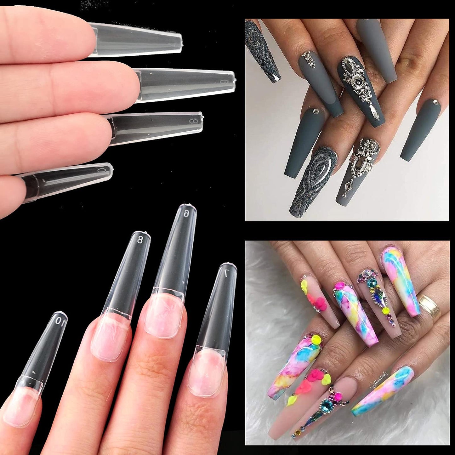 AddFavor 240pcs Coffin Acrylic Nail Tips XXL Ballerina Extra Long Artificial Fake Nails Clear Full Cover False Nails 12 Sizes for Women and Girls Nail Design